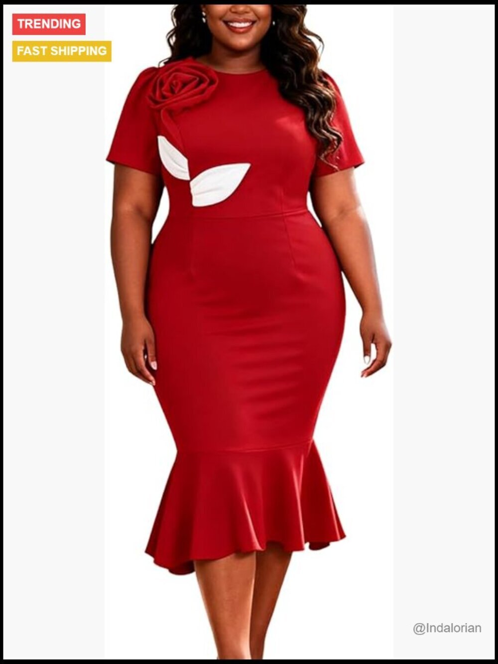 3D Flower Short Sleeve Bodycon Fishtail Midi Formal Dress